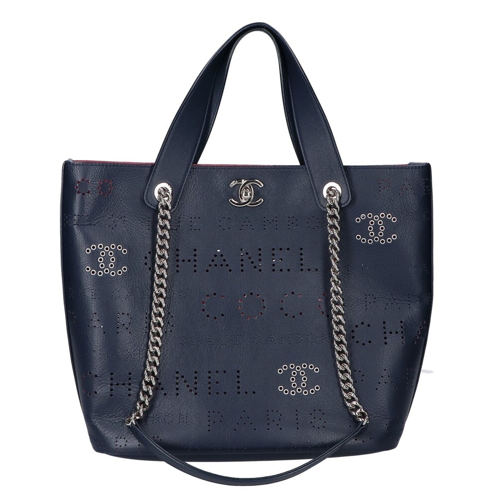 CHANEL AS0487 No. 27 Perforated Logo 2-Way Chain Bag Navy Handbag - Women's
